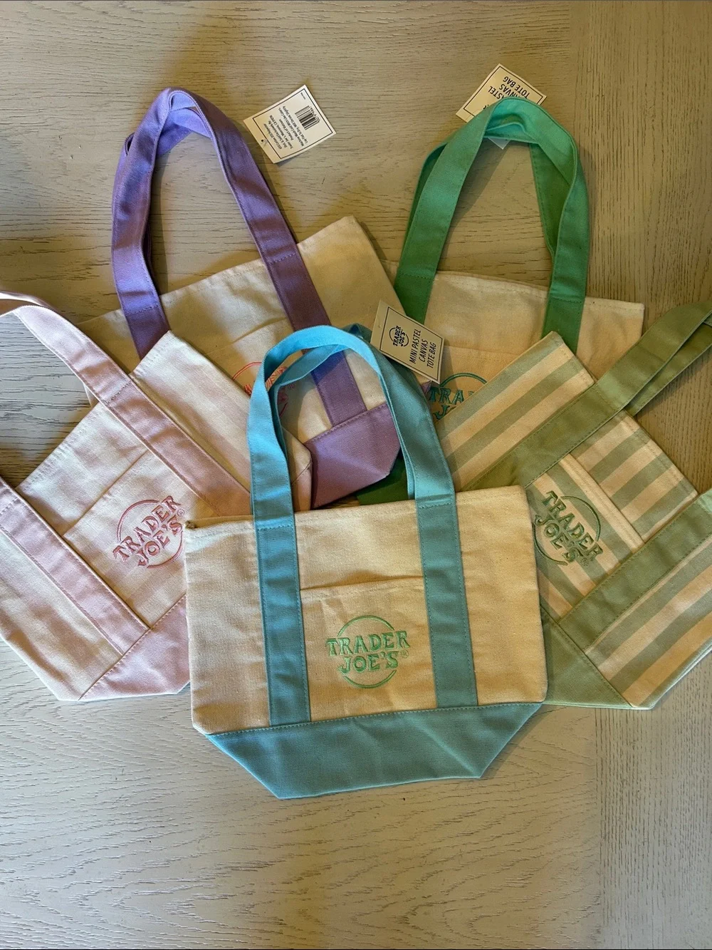 NEW! Bundle of Trader Joe's Canvas Mini Tote Bags. Pastel & Striped - Picture 1 of 6